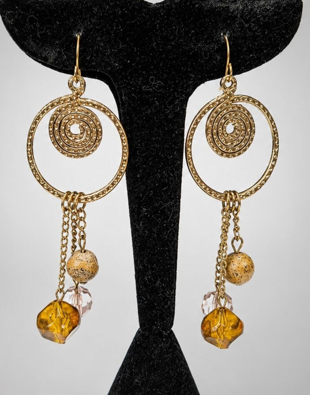 Vintage Dangle Pierced Earrings Lucite Gold-tone 3" Long Hooks Large gp-2